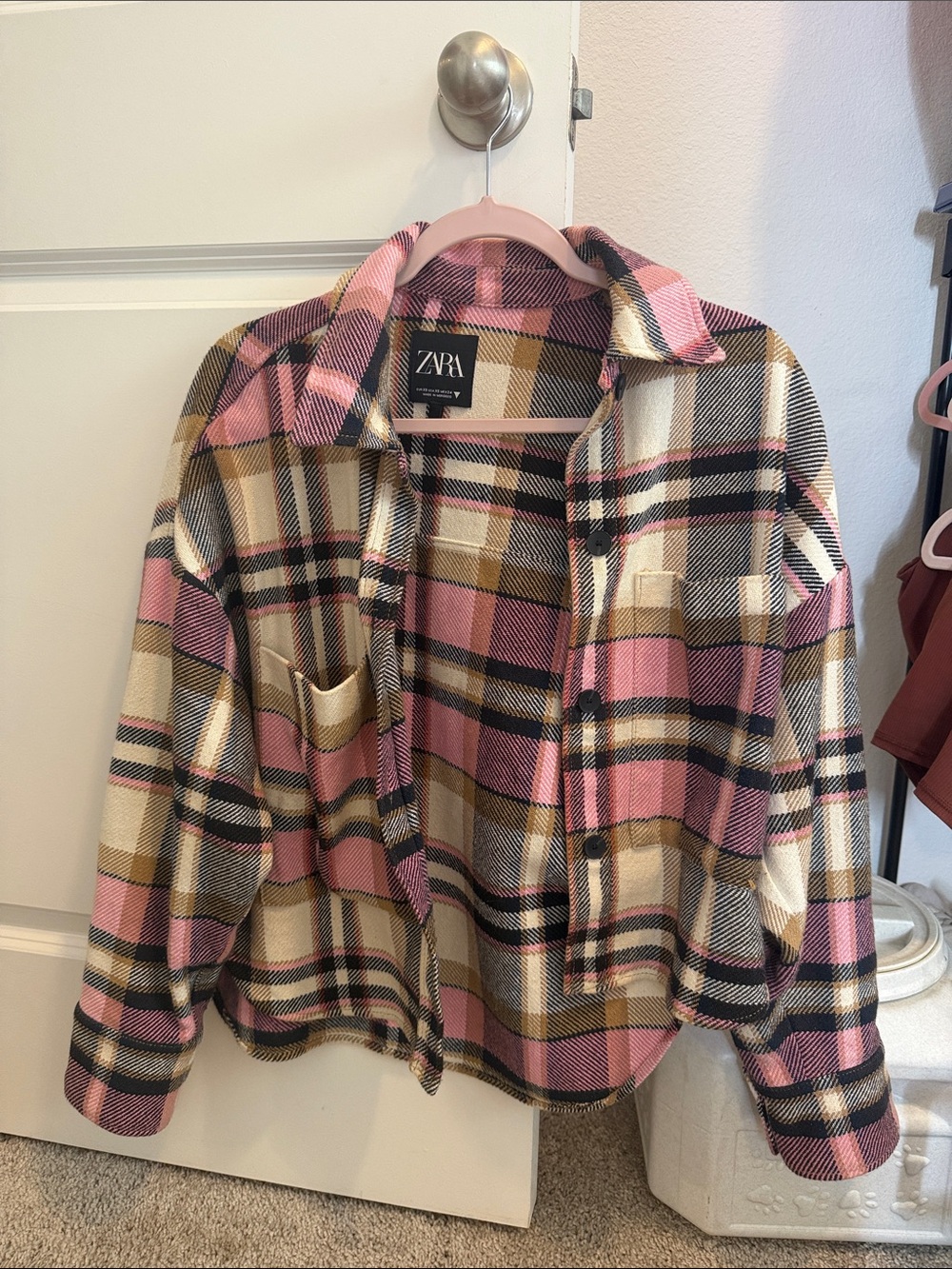 ZARA Pink Cream and Black Plaid Teddy Jacket